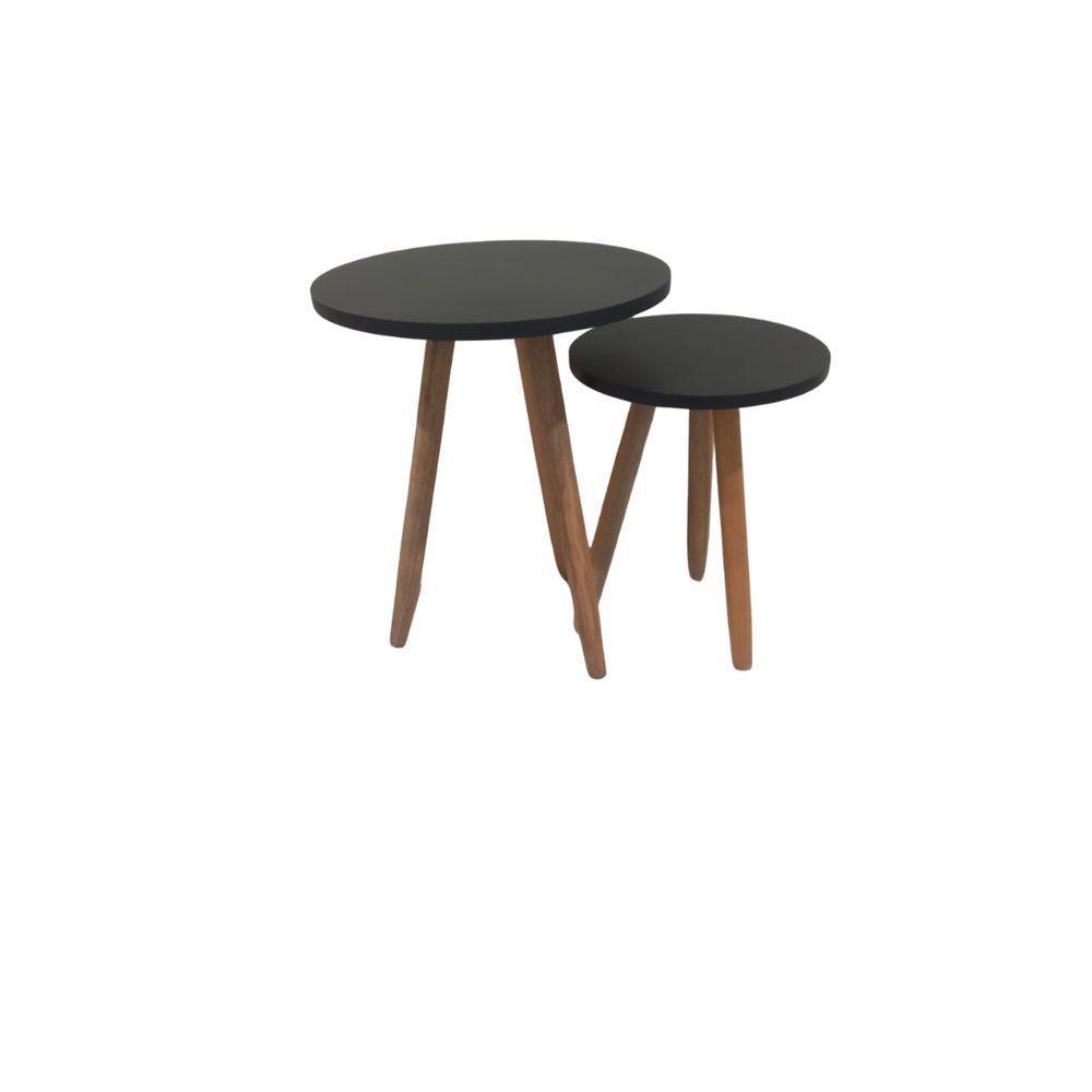 Conjunto Kit Com 3 Mesinhas Lateral De Canto Redonda Sala Tampo Mdf - Preto - 6
