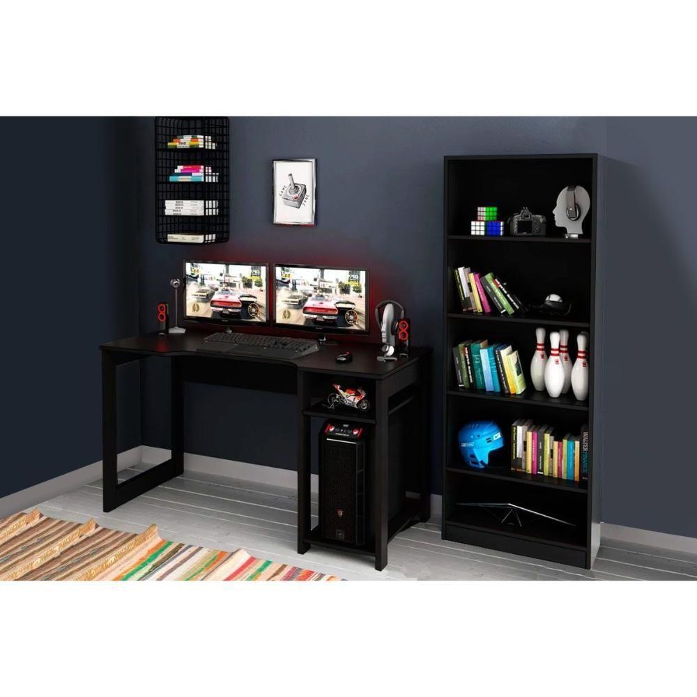 Mesa Computador Casal Quarto Gamer ( De Computador + Estante) 2 Peças Preto - Tecno Mobili - 1