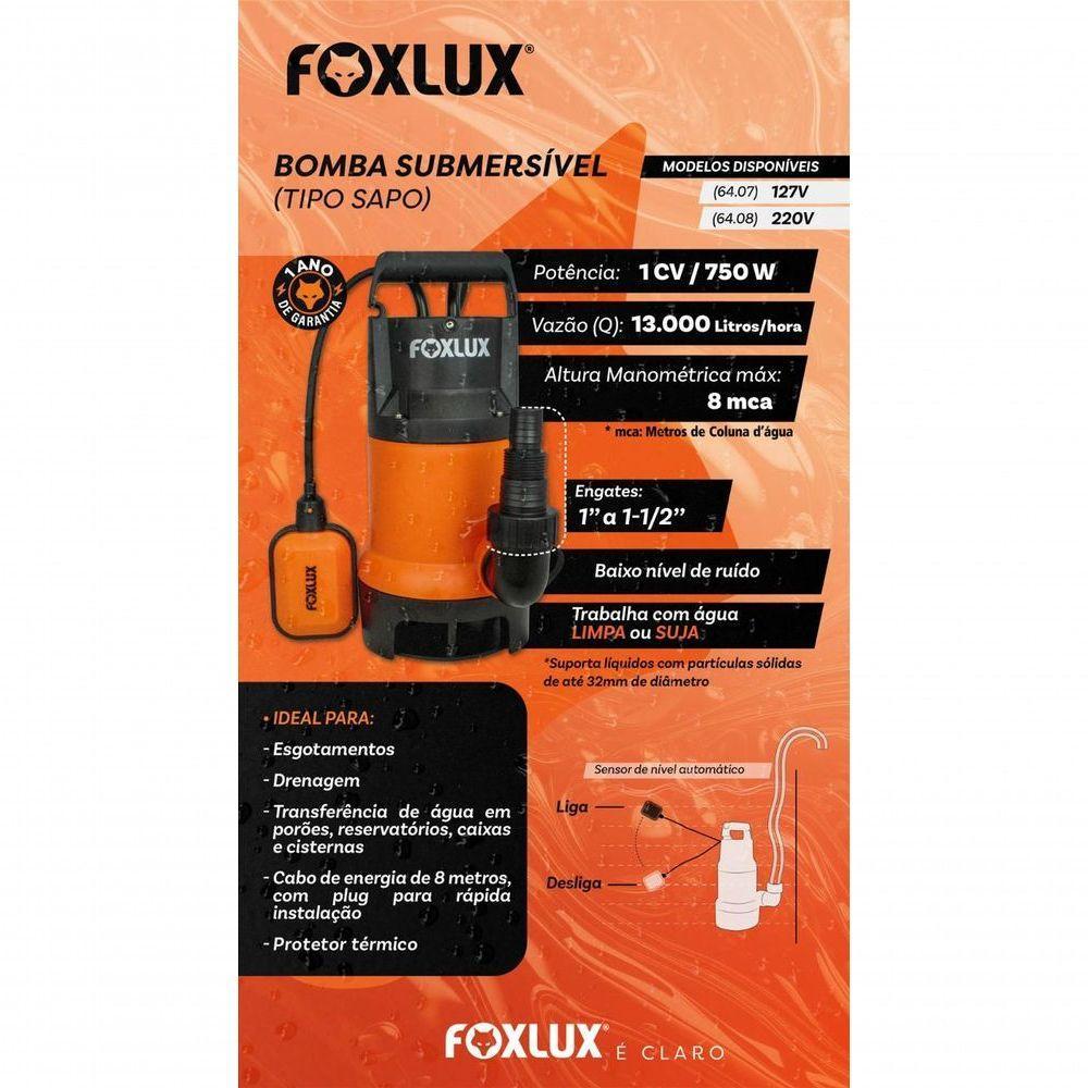Bomba D'Água Submersível 1CV 750W Foxlux 220V - 8