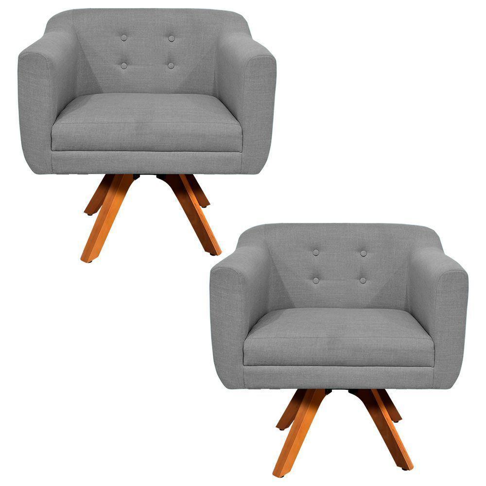 Kit 02 Poltronas Giratória Julia Linho Base Madeira - 1