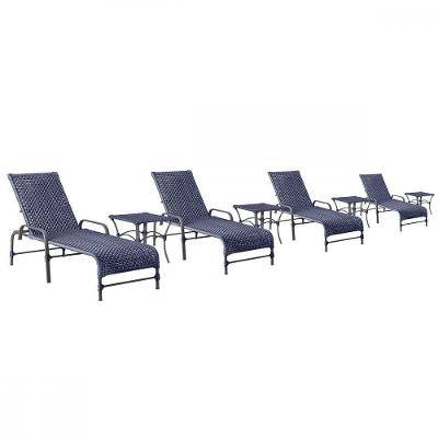 4 Espreguiçadeiras Catar 4 Mesas Garden Corda Náutica Trama Azul