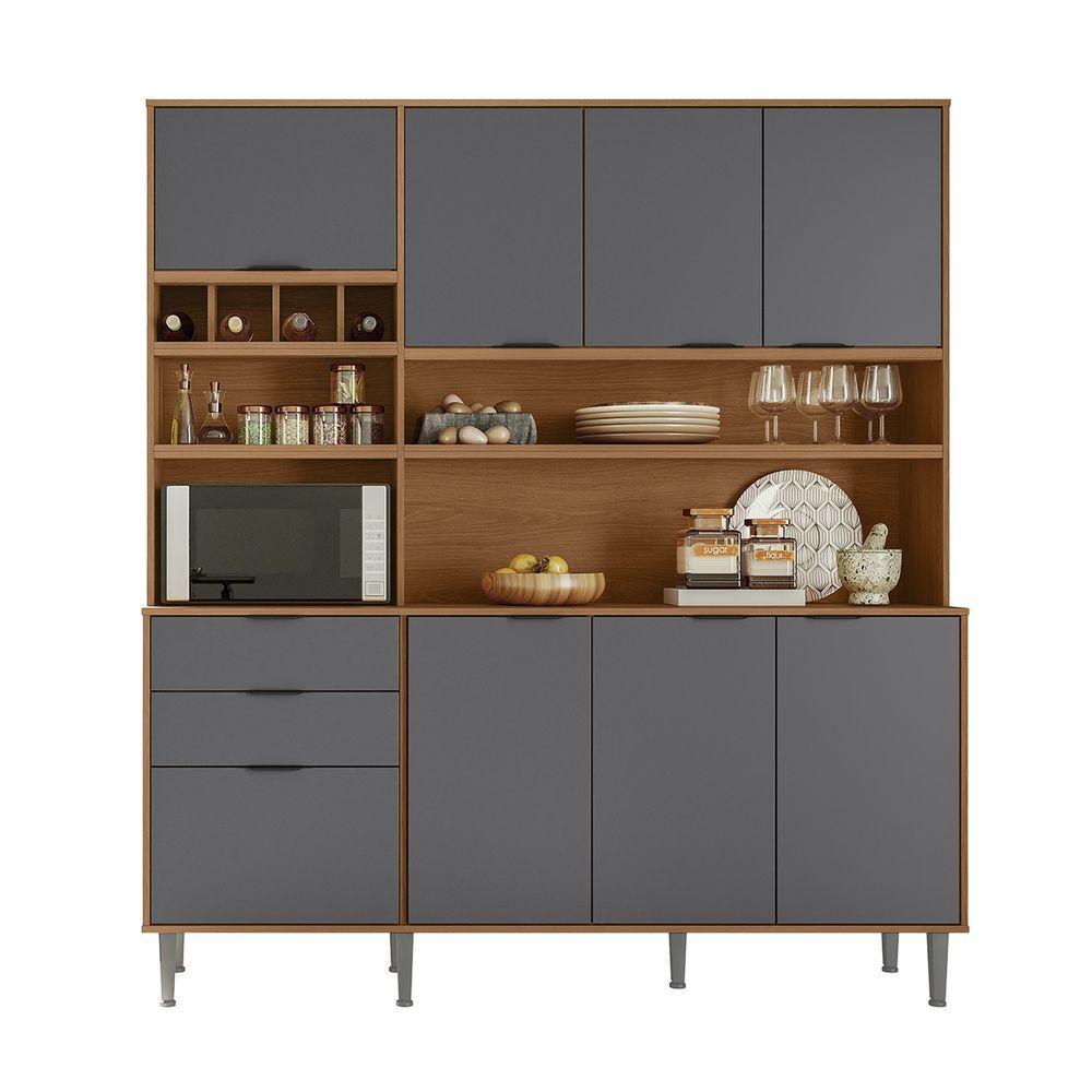Armário Cozinha Compacta Viena Jequitibá/cinza Fosco 8 Portas 2 Gavetas Adega Para 4 Garrafas E Pés - Lukaliam - 2