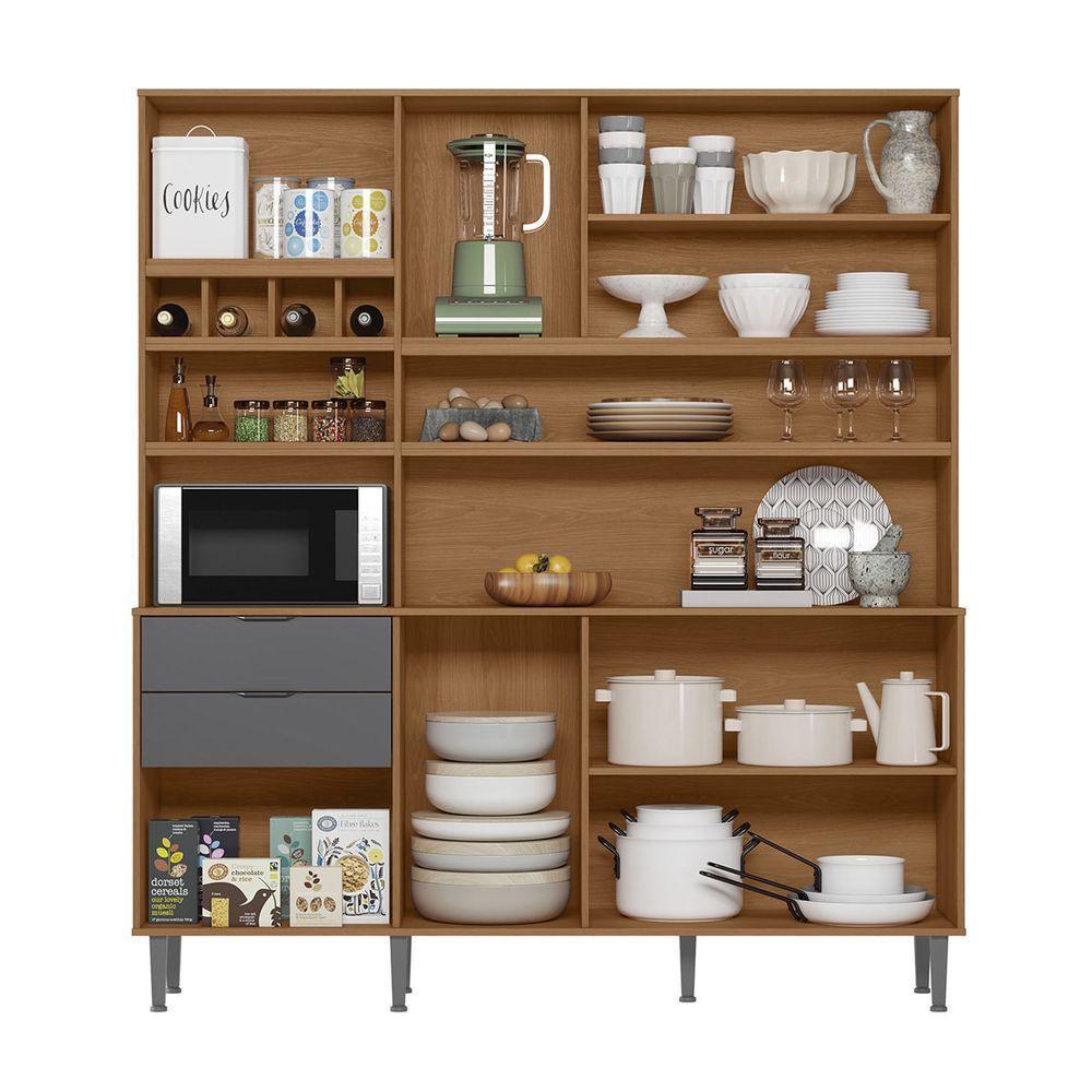 Armário Cozinha Compacta Viena Jequitibá/cinza Fosco 8 Portas 2 Gavetas Adega Para 4 Garrafas E Pés - Lukaliam - 3