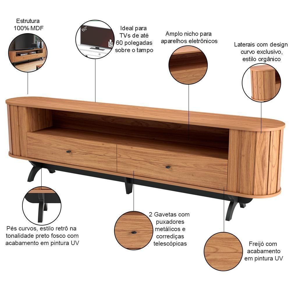 Rack Para Sala De Estar Tv 60 Pol Orgânico 220cm Penina D03 Freijó Preto Fosco - Lyam Decor - 4
