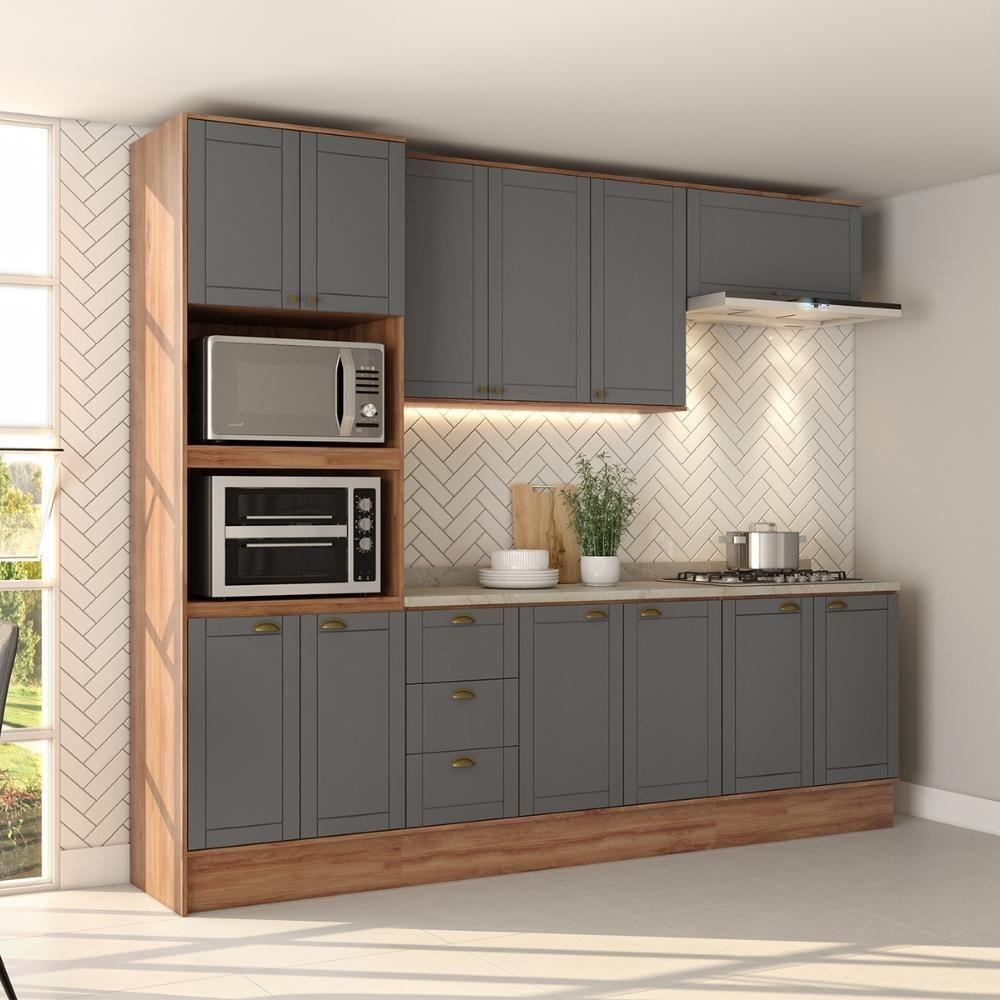 Armário De Cozinha Completa C Balcão Milla Bloom Carraro Nogal Cinza Titânio - 1