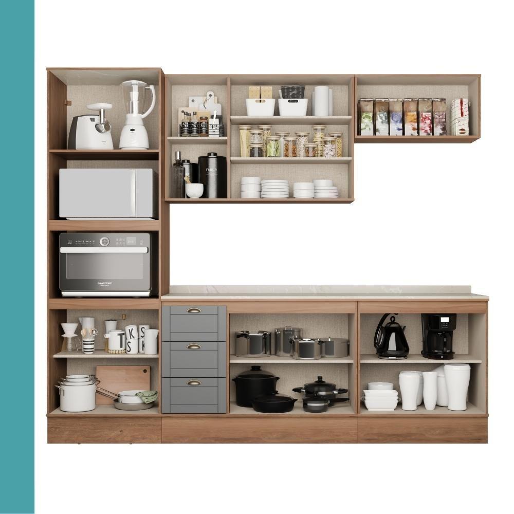 Armário De Cozinha Completa C Balcão Milla Bloom Carraro Nogal Cinza Titânio - 6