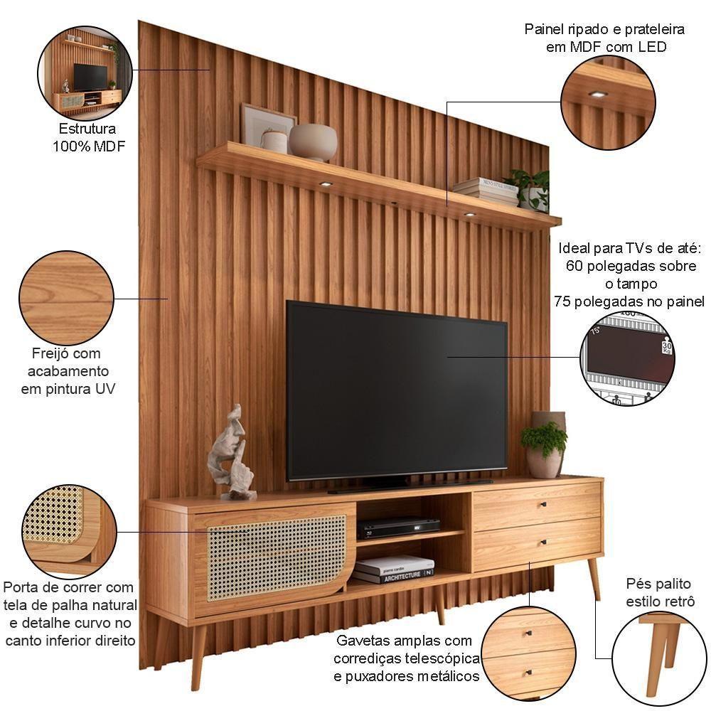 Rack Para Sala Com Painel Ripado Para Tv 60 Pol Fita Led Ada D03 Freijó - Lyam Decor - 3