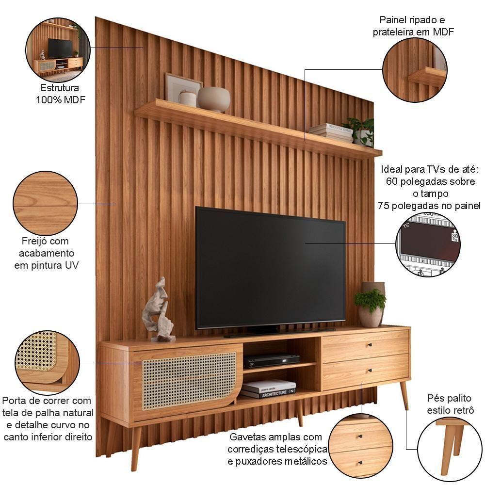 Rack Para Sala Com Painel Ripado Para Tv 60 Pol Ada D03 Freijó - Lyam Decor - 2