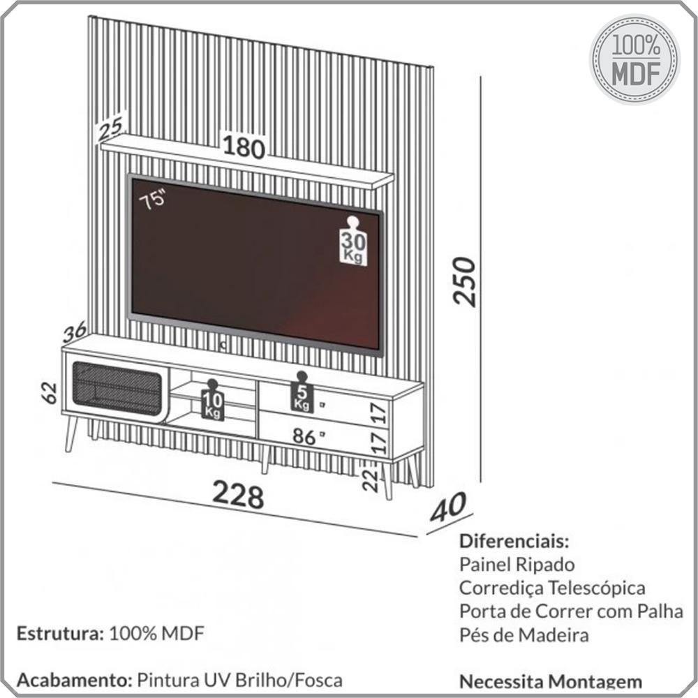 Rack Para Sala Com Painel Ripado Para Tv 60 Pol Ada D03 Freijó - Lyam Decor - 3