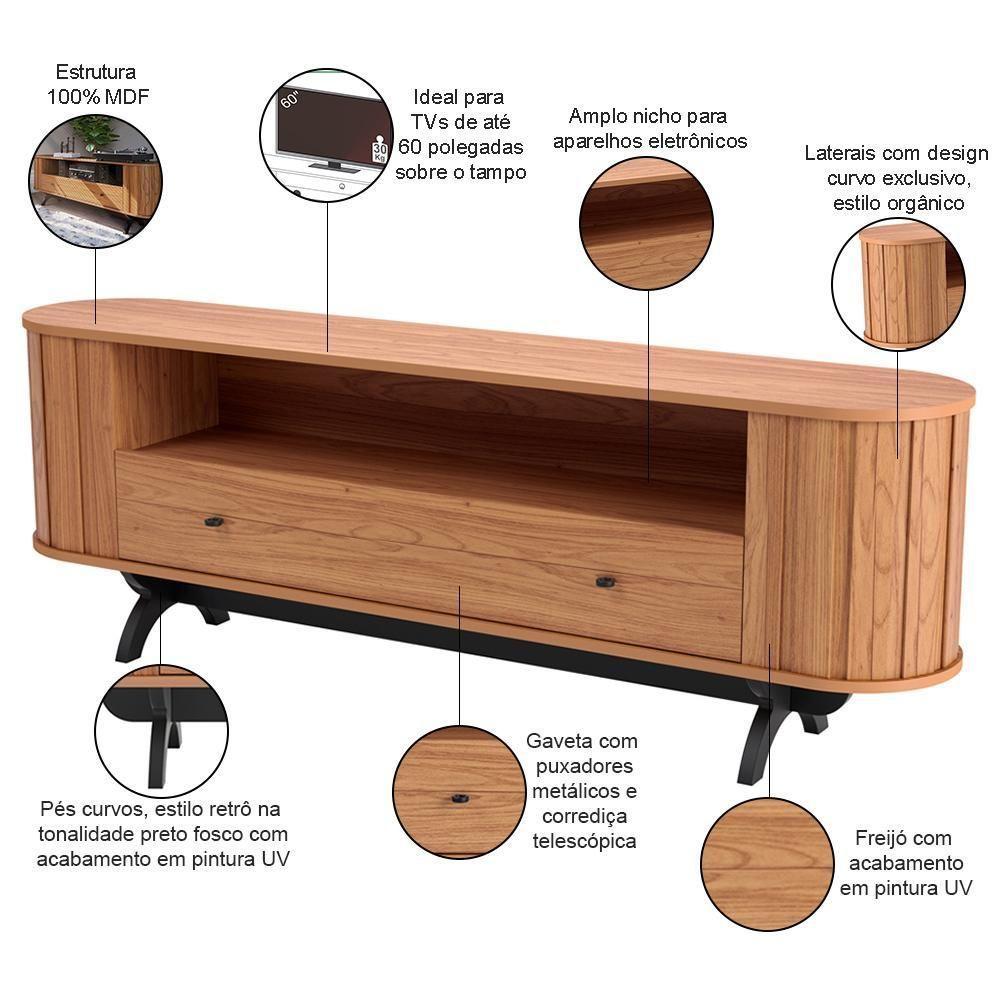 Rack Para Sala De Estar Tv 60 Pol Orgânico 180cm Penina D03 Freijó Preto Fosco - Lyam Decor - 4