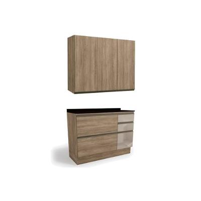 Cozinha Modulada Completa Maxxi 3 Peças 1 Aéreo + 1 Balcão + Complemento C3p12 Nogal Preto