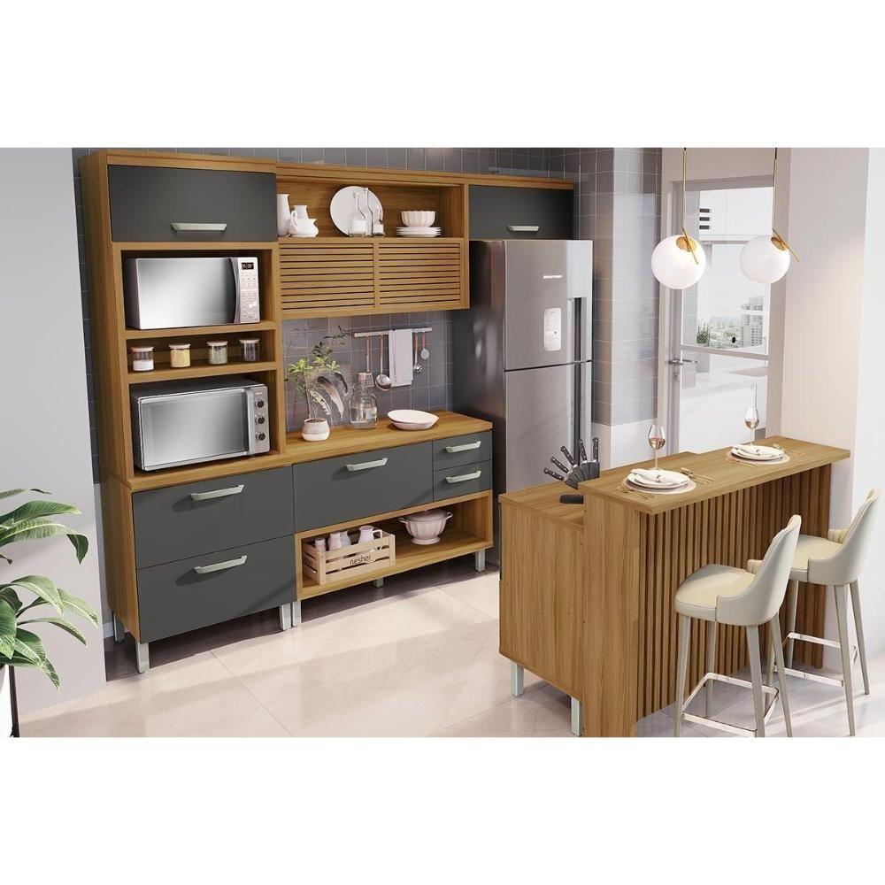 Kit Cozinha Modulada 5 Peças Princesa 1 Aéreo + 2 Balcões + 1 Paneleiro+1ilha C6p61 Freijó Grafite - 1