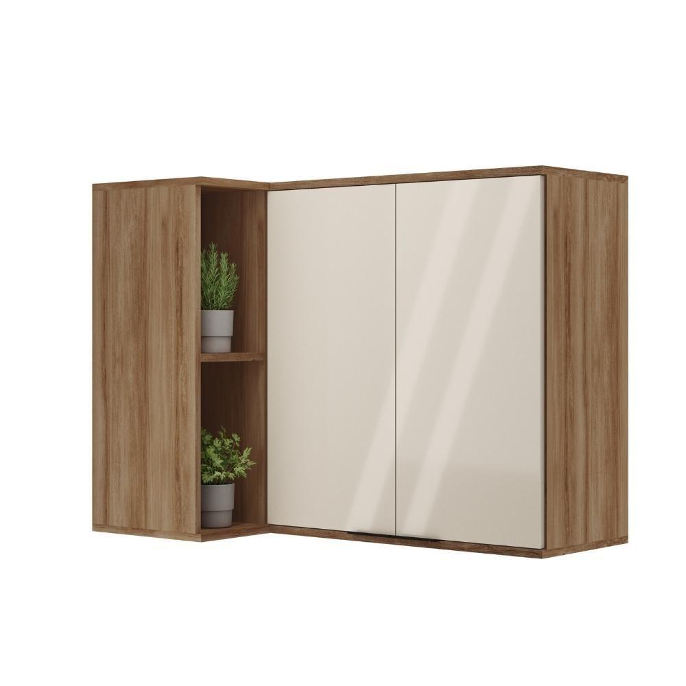 Armário Aéreo De Cozinha Miami 2 Portas Com Nicho De Canto Carraro Freijó Com Off White - 1