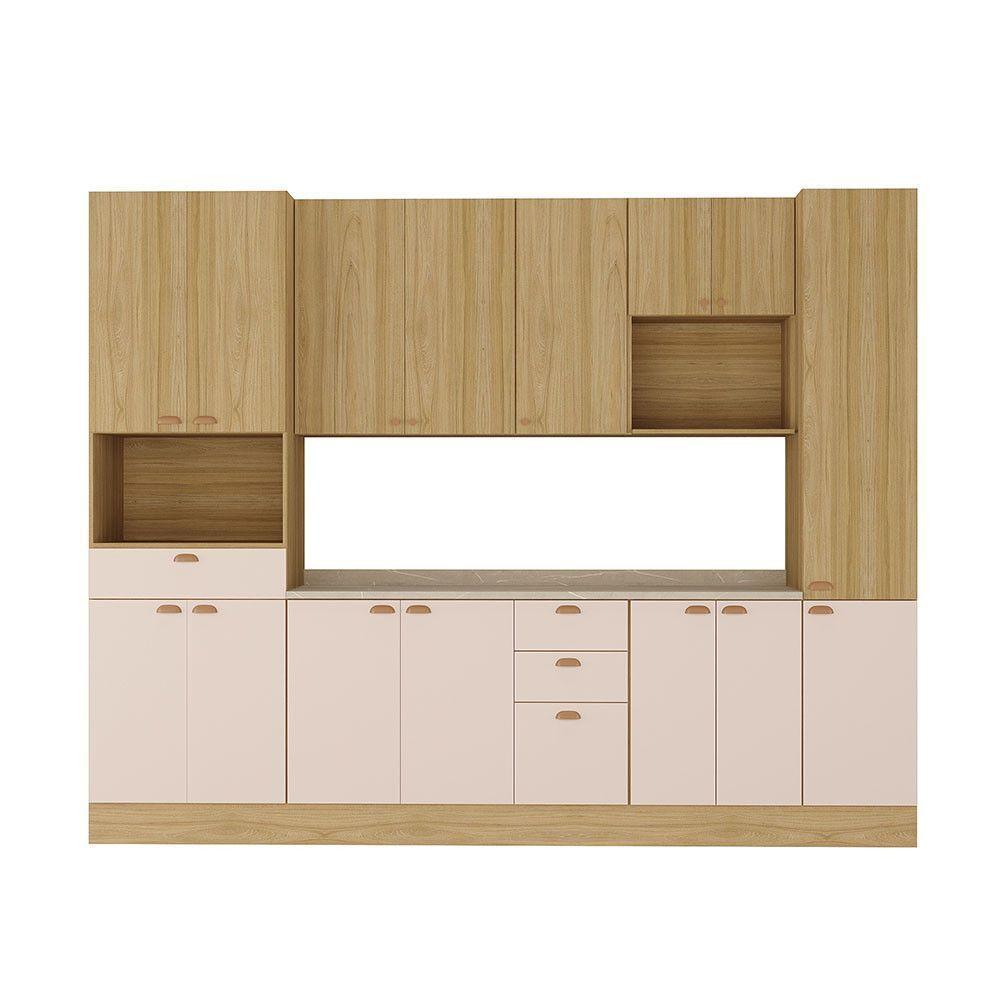 Cozinha Modulada Completa 6 Peças Com Tampo E Rodapé Classic Freijó/freijó Brasil/petala Rosa - 1