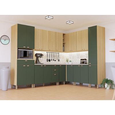 Cozinha Modulada Completa De Canto 10 Peças Com Tampo E Roda Freijó/freijó Brasil/verde Amalfi