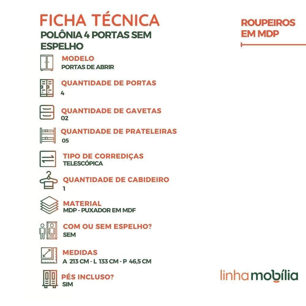Guarda Roupa Polonia 4 Portas E 2 Gavetas – Linhamobilia Branco - 5
