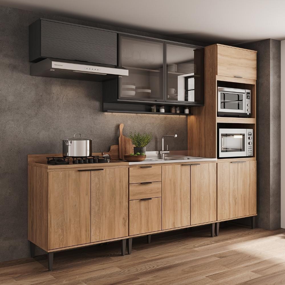 Armário De Cozinha Completa C Balcão Miami Urban Carraro Preto C Freijó - 1