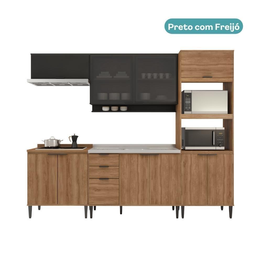 Armário De Cozinha Completa C Balcão Miami Urban Carraro Preto C Freijó - 5