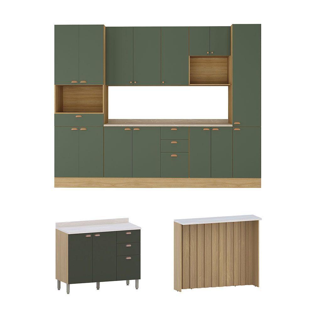 Cozinha Modulada Completa Com Bancada Ilha 8 Peças Com Tampo Freijó/verde Amalfi - 2