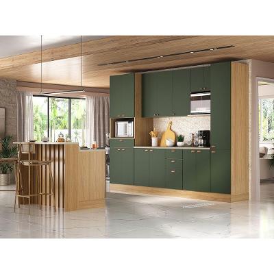 Cozinha Modulada Completa Com Bancada Ilha 8 Peças Com Tampo Freijó/verde Amalfi