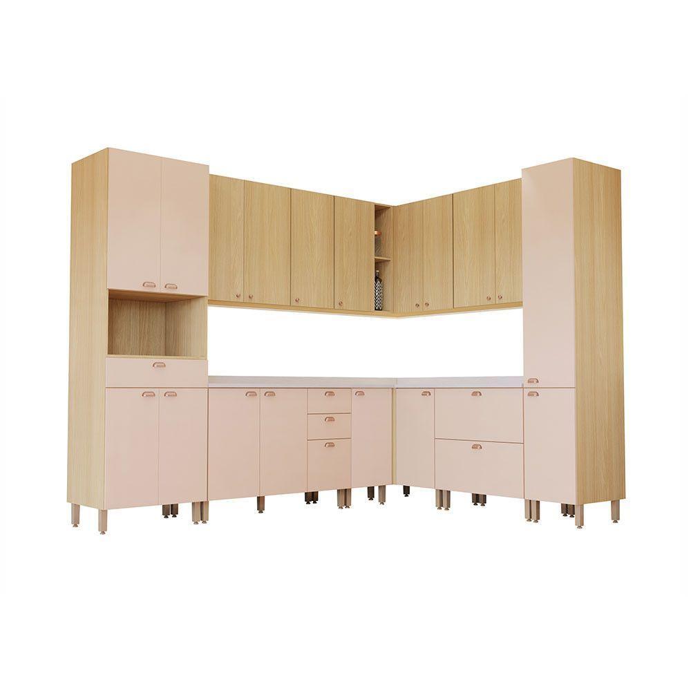 Cozinha Modulada Completa De Canto 10 Peças Com Tampo E Roda Freijó/freijó Brasil/petala Rosa - 2