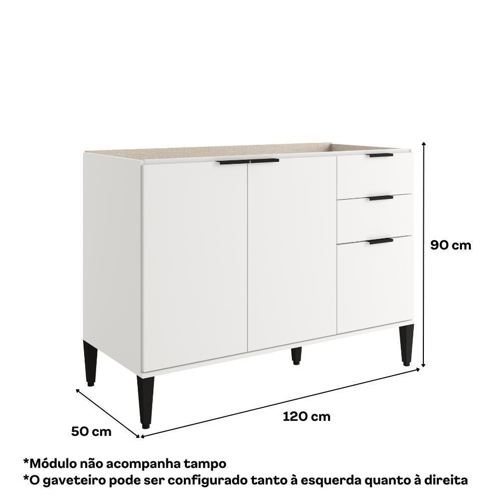 Balcão De Cozinha Miami 1200mm 2 Portas 3 Gavetas Sem Tampo Carraro Branco - 2