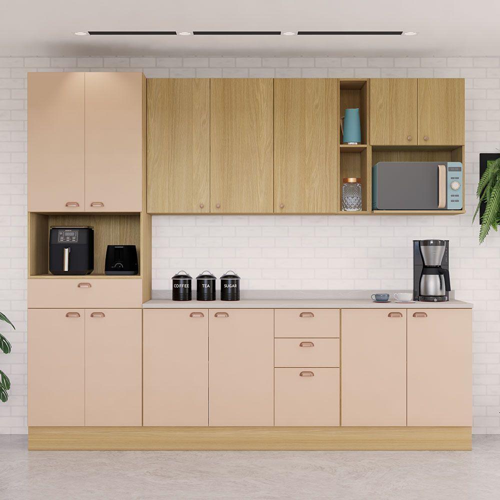 Cozinha Modulada Completa 6 Peças Com Tampo E Rodapé Classic Freijó/freijó Brasil/petala Rosa - 1