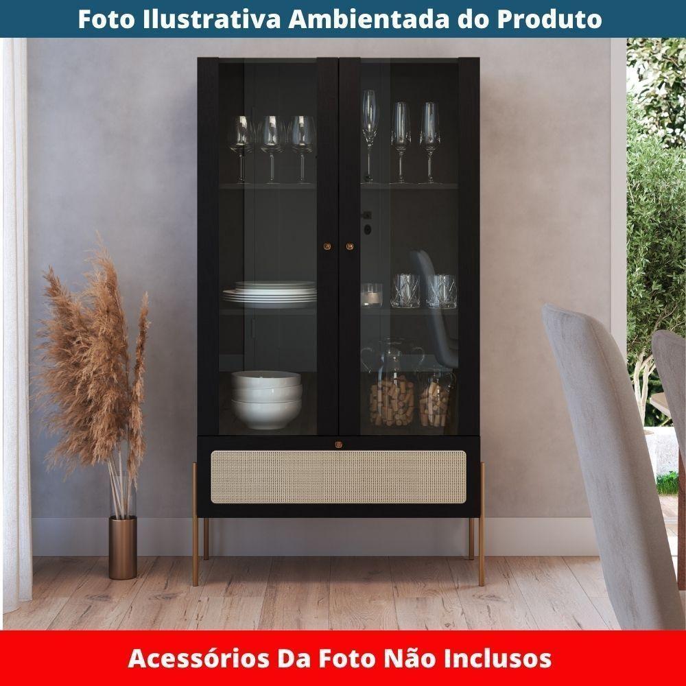 Cristaleira 2 Portas Oslo Artesano 83 Cm (larg) Mdp Nero Palha Sintética Bege E Pés Metal Dourado - 3
