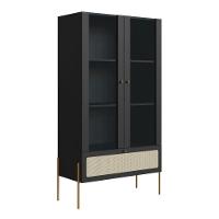 Cristaleira 2 Portas Oslo Artesano 83 Cm (larg) Mdp Nero Palha Sintética Bege E Pés Metal Dourado - 1