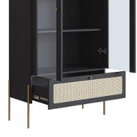 Cristaleira 2 Portas Oslo Artesano 83 Cm (larg) Mdp Nero Palha Sintética Bege E Pés Metal Dourado
