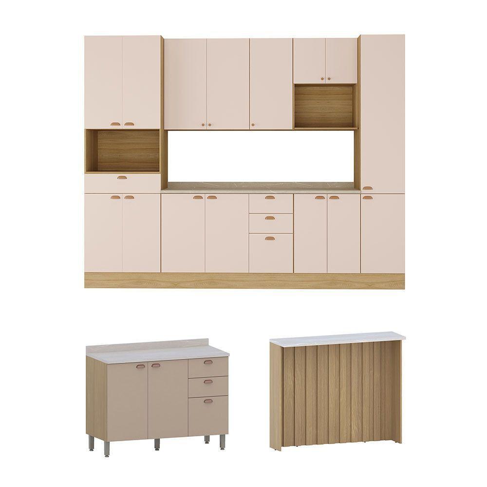 Cozinha Modulada Completa Com Bancada Ilha 8 Peças Com Tampo Freijó/petala Rosa - 2