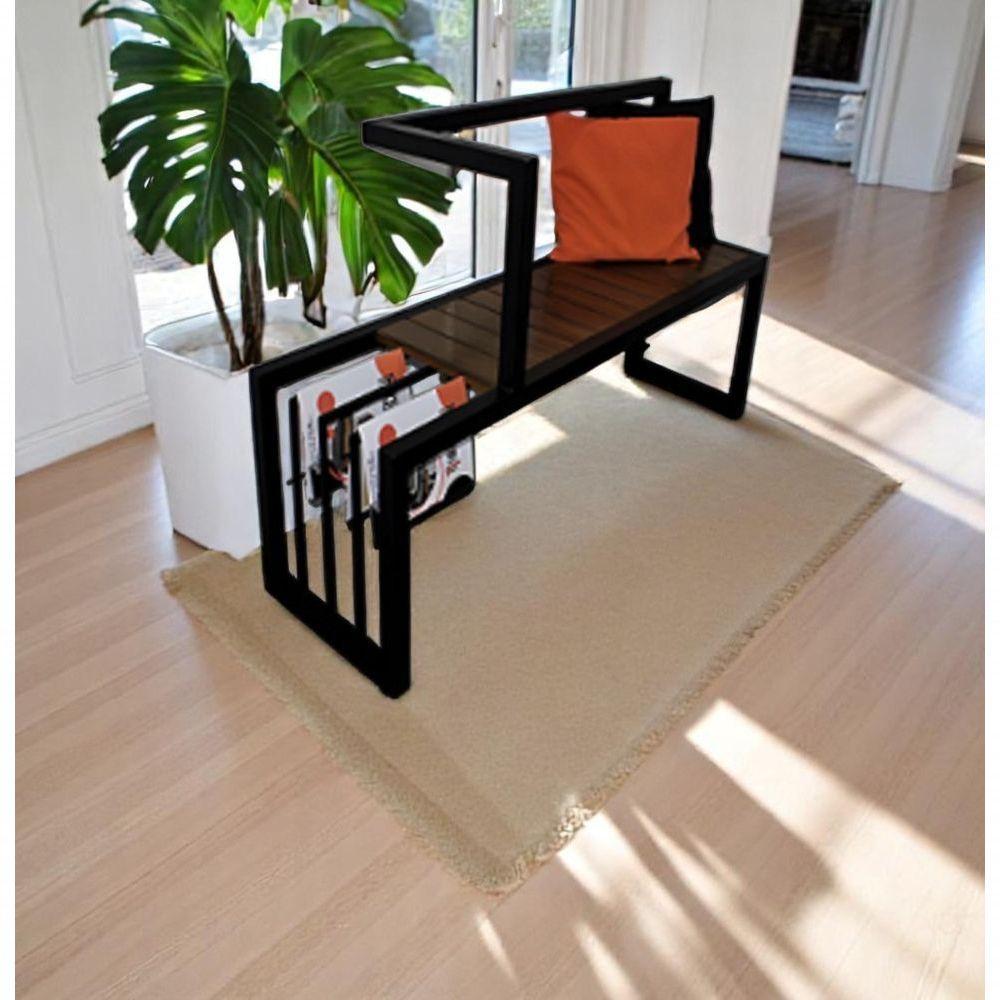 Banco Com Encosto De Aço Ferro Metal Madeira Robusto Cor Preto Estilo Industrial Ba-02 - 2