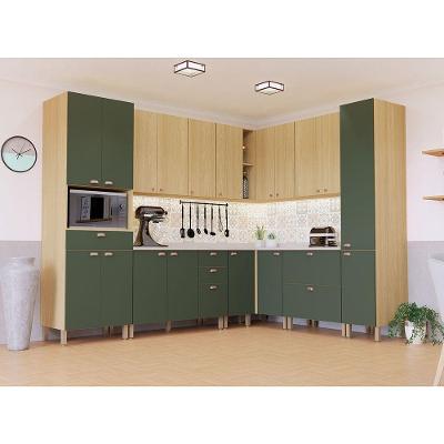 Cozinha Modulada Completa De Canto 10 Peças Com Tampo E Roda Freijó/freijó Brasil/verde Amalfi