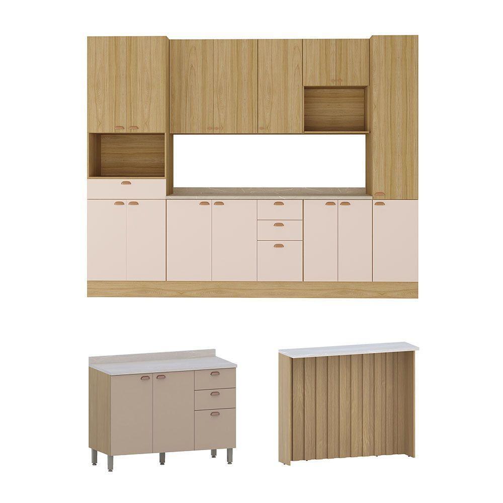 Cozinha Modulada Completa Com Bancada Ilha 8 Peças Com Tampo Freijó/freijó Brasil/petala Rosa - 2