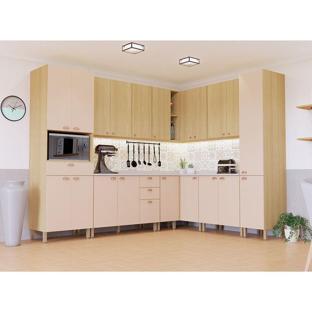 Cozinha Modulada Completa De Canto 10 Peças Com Tampo E Roda Freijó/freijó Brasil/petala Rosa - 1