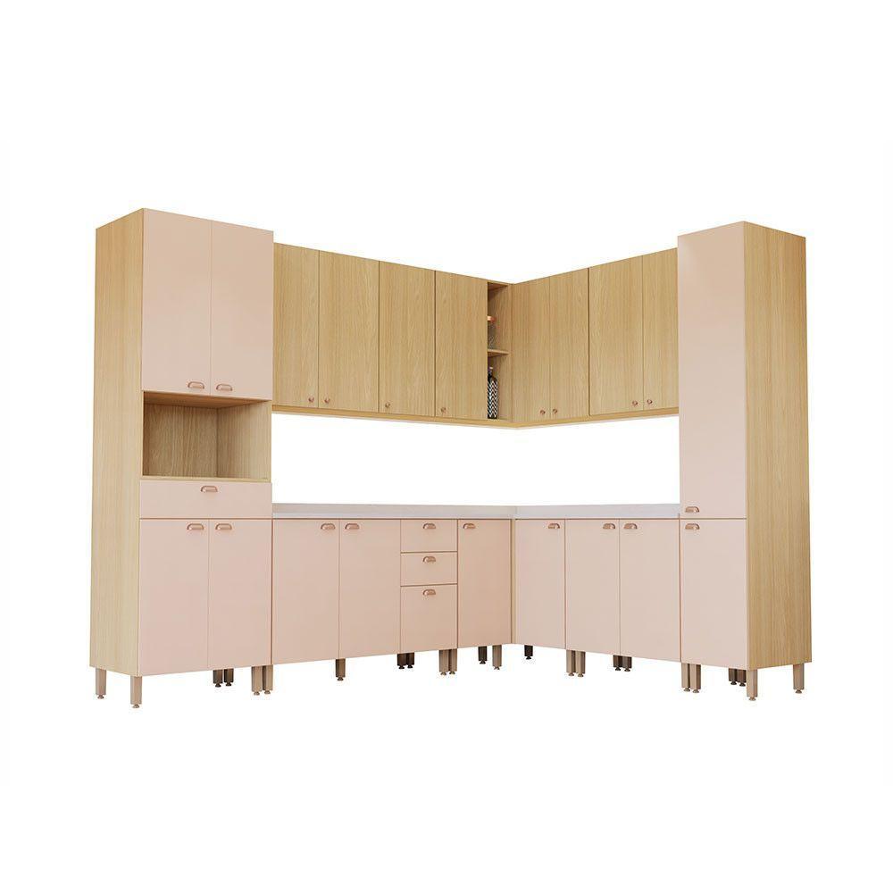 Cozinha Modulada Completa De Canto 10 Peças Com Tampo E Roda Freijó/freijó Brasil/petala Rosa - 6