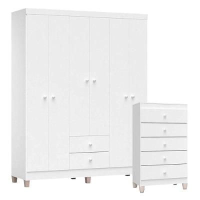 Cômoda Gaveteiro e Guarda Roupa Infantil Baby Kids 6 Portas de Bater 5 Gavetas MDP Branco Brilho