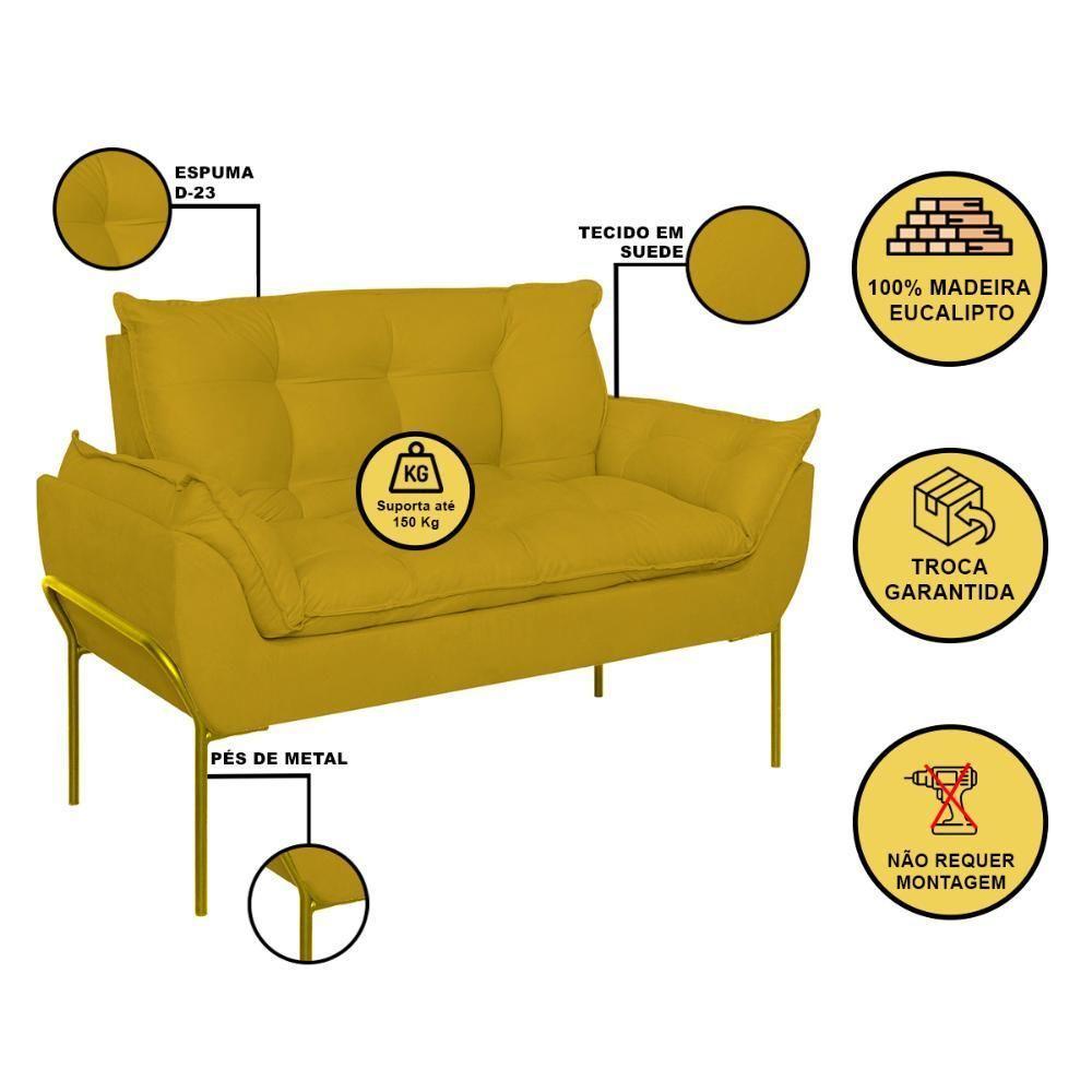 Sofá Namoradeira Base Metal Dourada Reforçada Tecido Suede Amarelo - 2