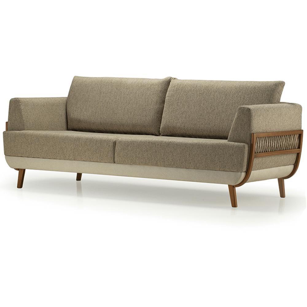 Sofá Blendi Ozki 240 Cm Madeira Eucalipto Cedro Tecido Composê Cinza E Bege Corda Redonda Canela - 1