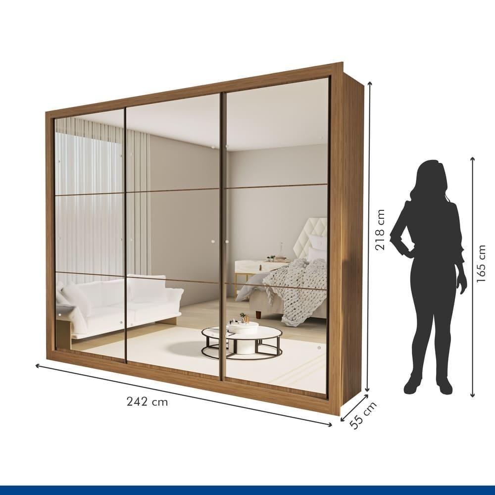 Guarda Roupa 3 Portas De Correr Todo Espelhado 6 Gavetas Ravena Minastex Carvalho - 3