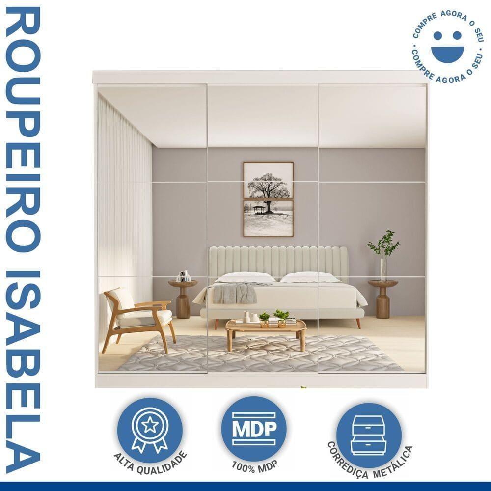Guarda Roupa 3 Portas De Correr Todo Espelhado 4 Gavetas Isabela Minastex Branco - 5