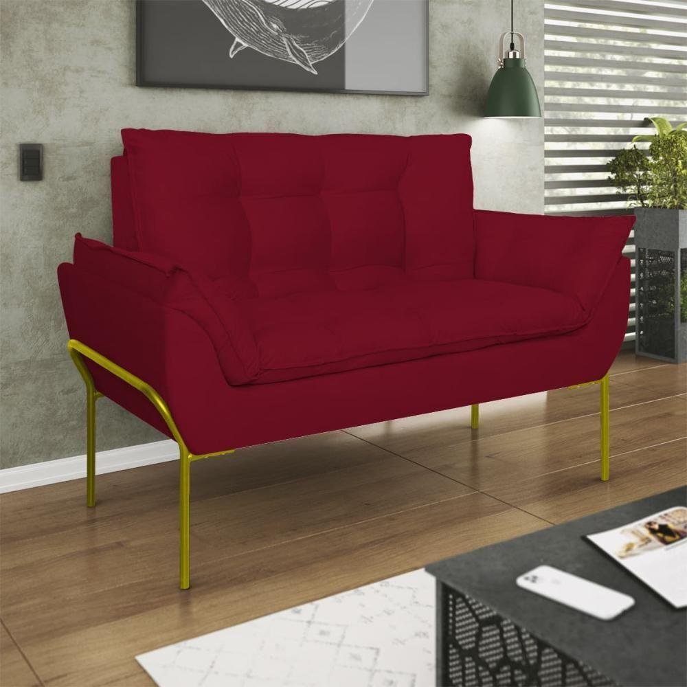 Sofá Namoradeira Base Metal Dourada Reforçada Tecido Suede Vermelho - 1