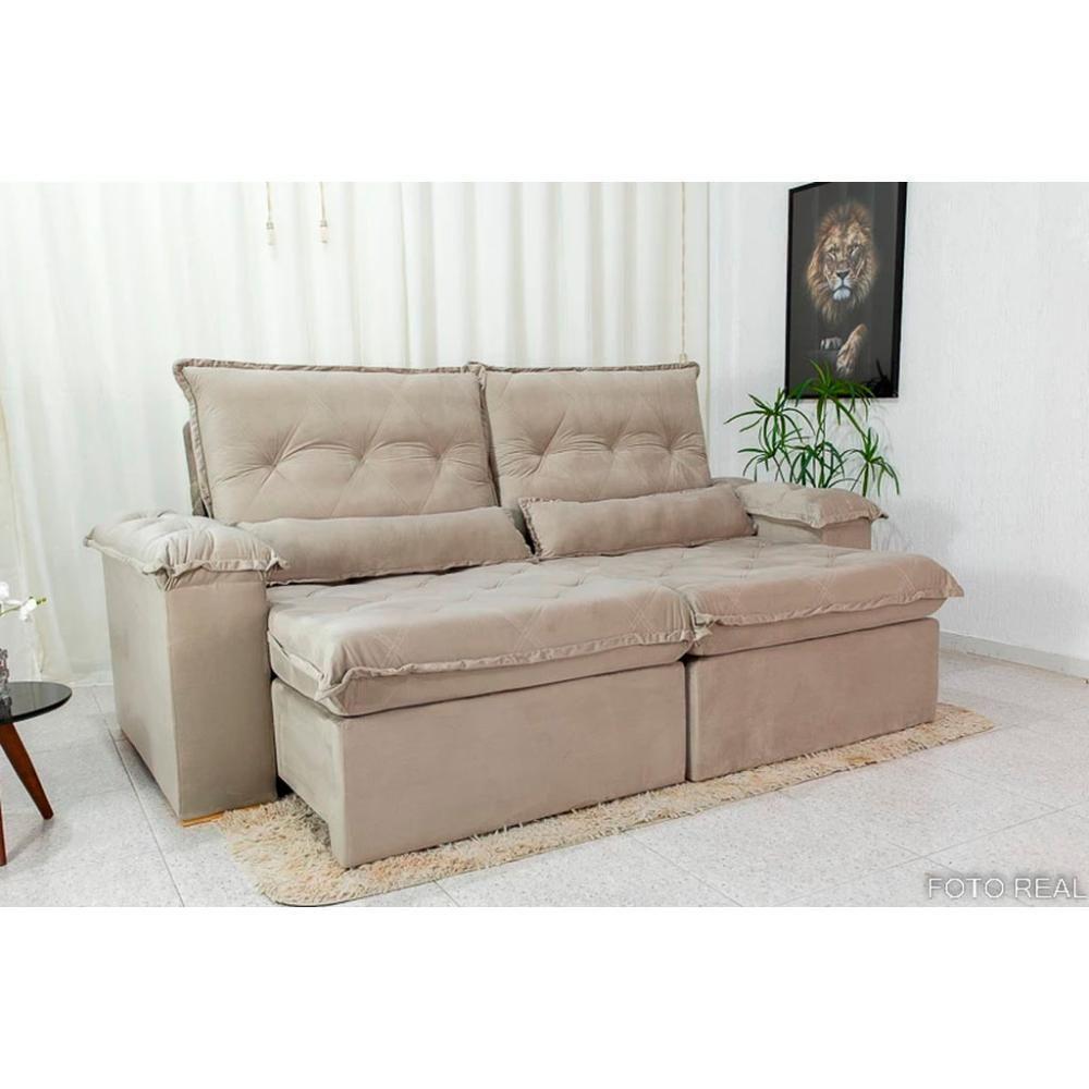 Sofá Retrátil Reclinável Imperial Molas Ensacadas Veludo Bege 2,50m - 3