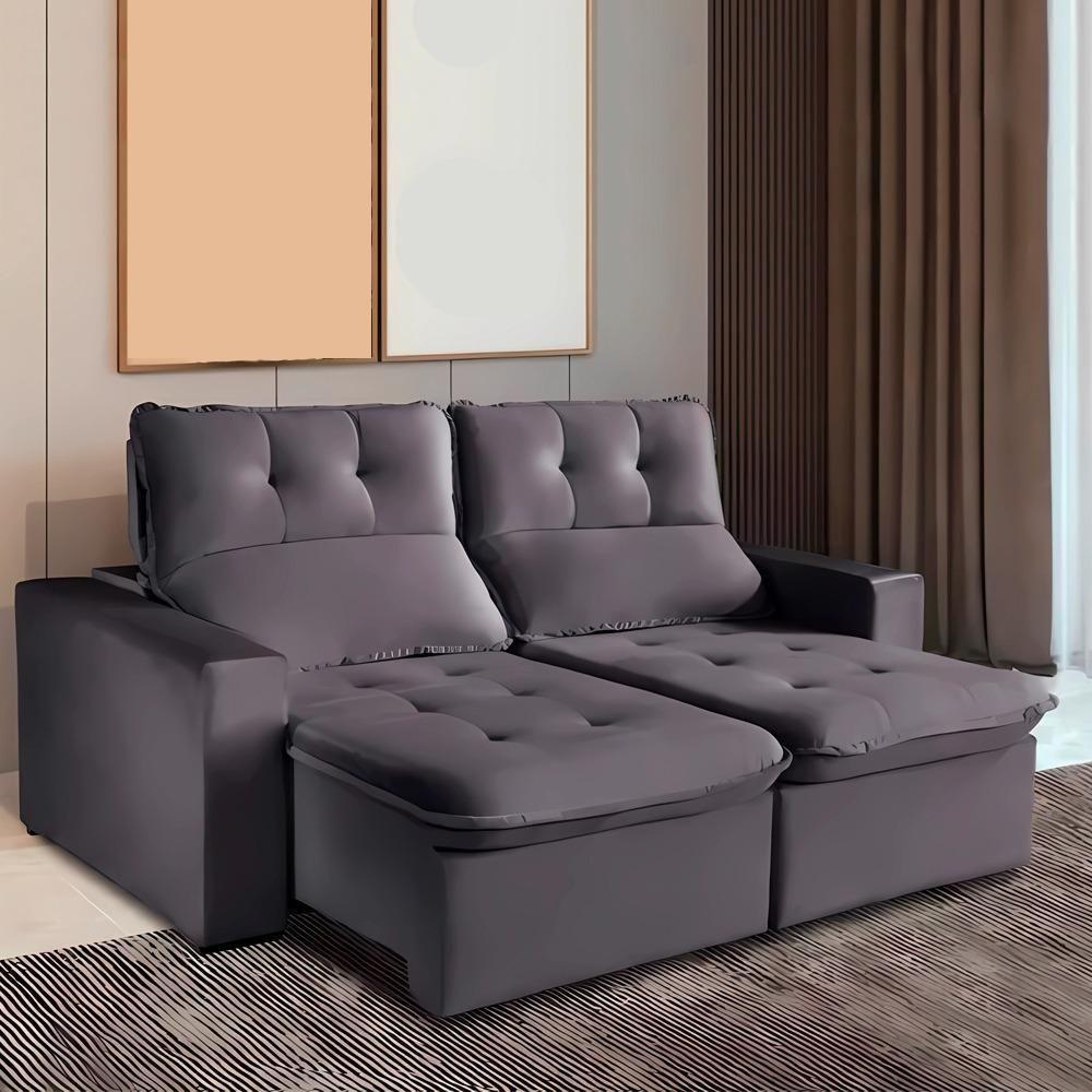 Sofá Retrátil E Reclinável Berlim Veludo Cinza Chumbo 2,40m - 3
