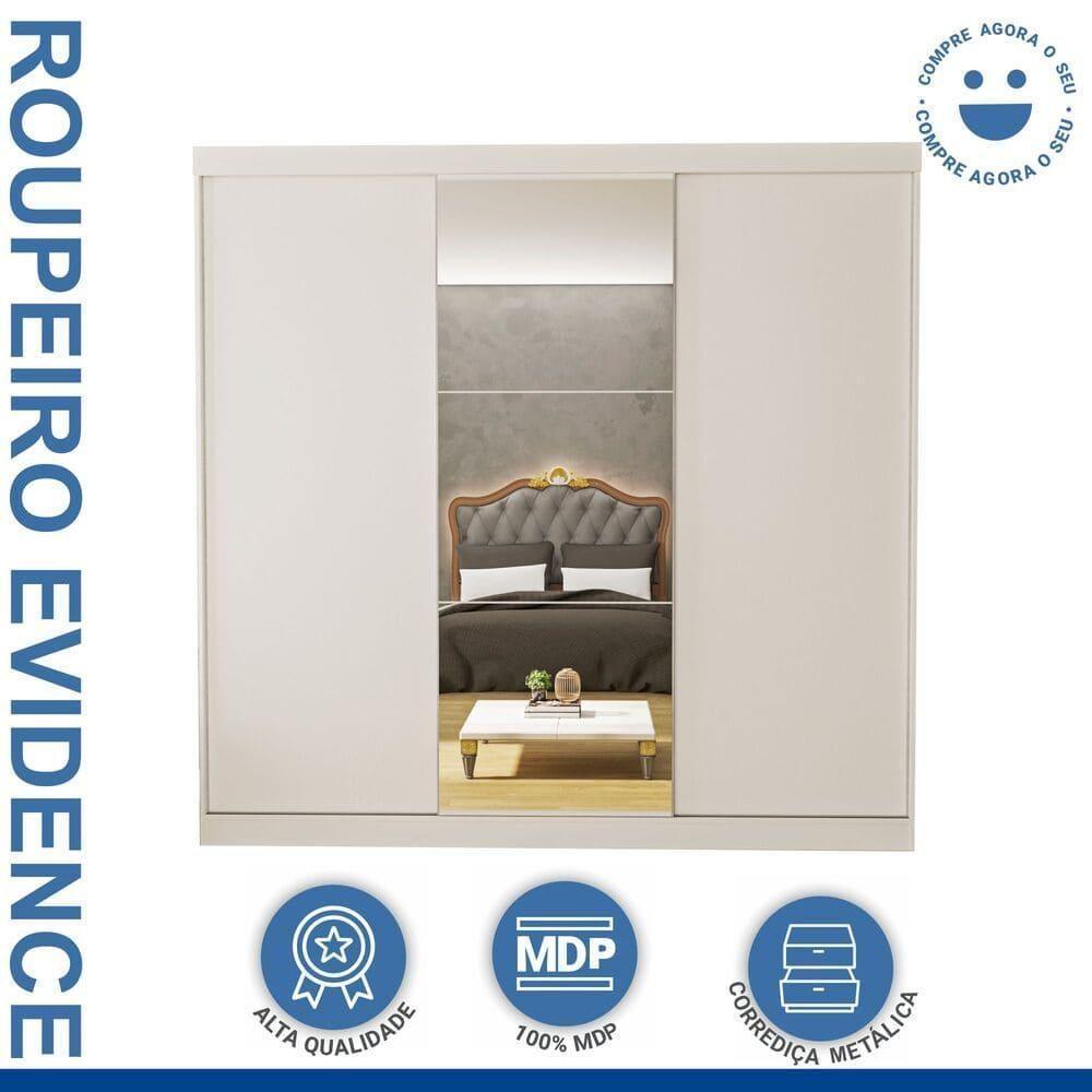 Guarda Roupa 3 Portas De Correr Com Espelho Central 4 Gavetas Evidence Minastex Branco - 5