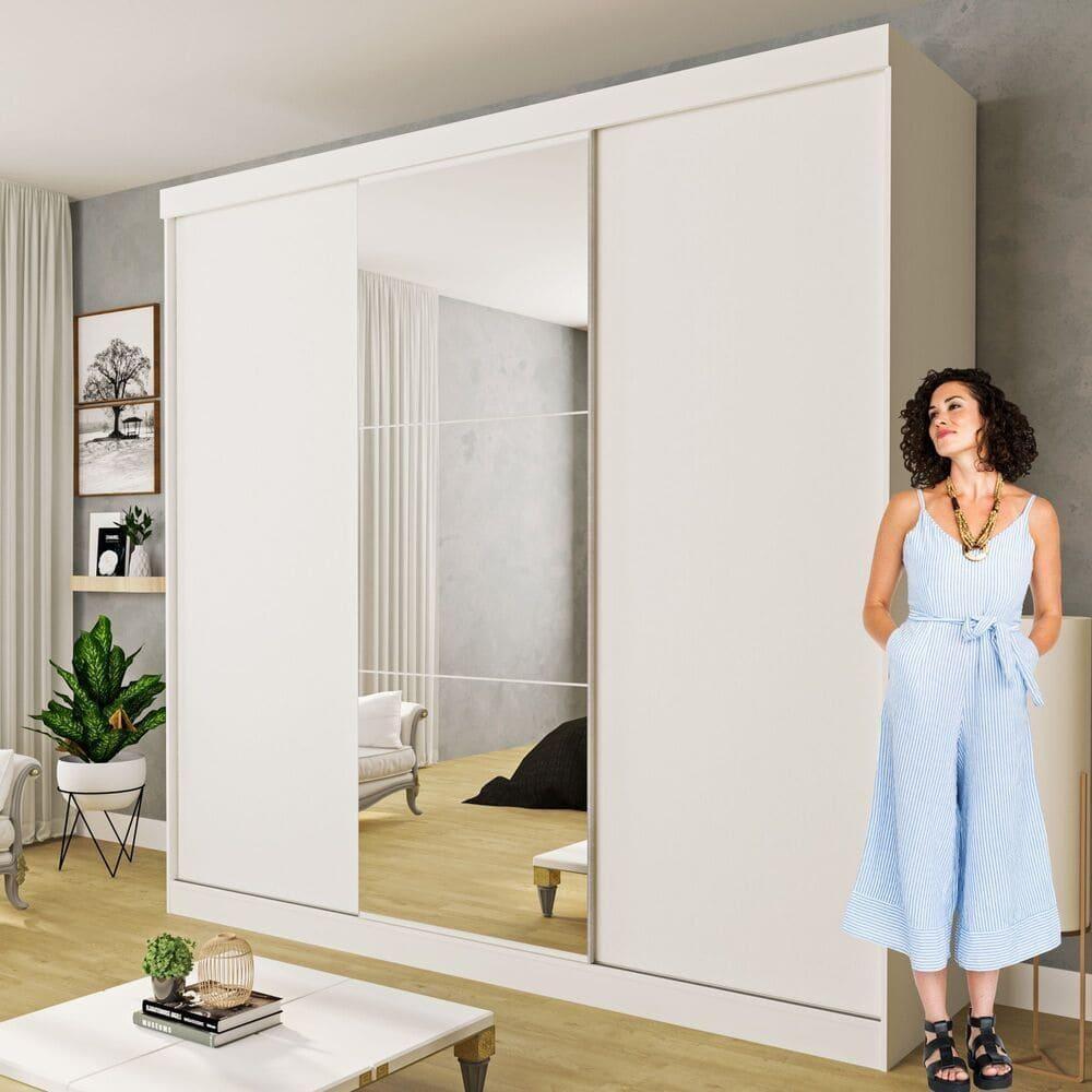 Guarda Roupa 3 Portas De Correr Com Espelho Central 4 Gavetas Evidence Minastex Branco - 10