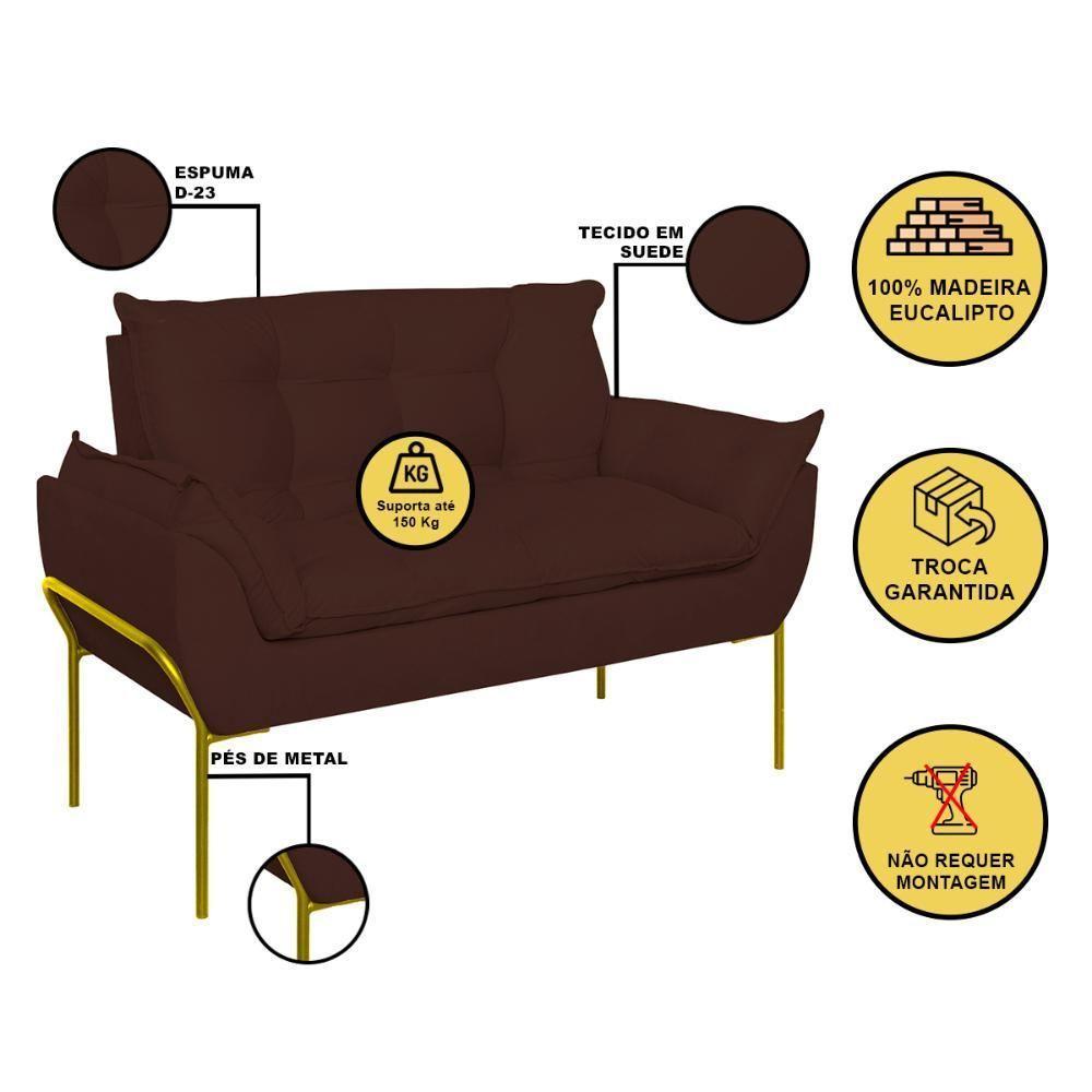 Sofá Namoradeira Base Metal Dourada Reforçada Tecido Suede Marrom - 2