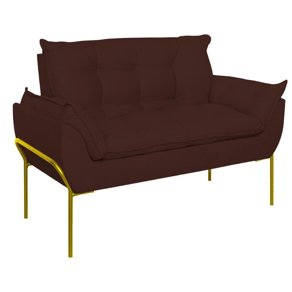 Sofá Namoradeira Base Metal Dourada Reforçada Tecido Suede Marrom - 4