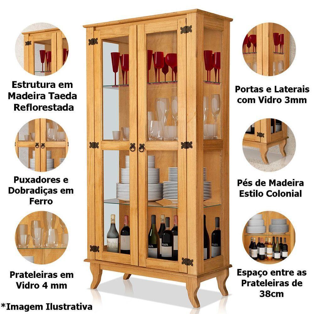 Cristaleira De Madeira Maciça 2 Portas De Vidro Luma Castanho - 4