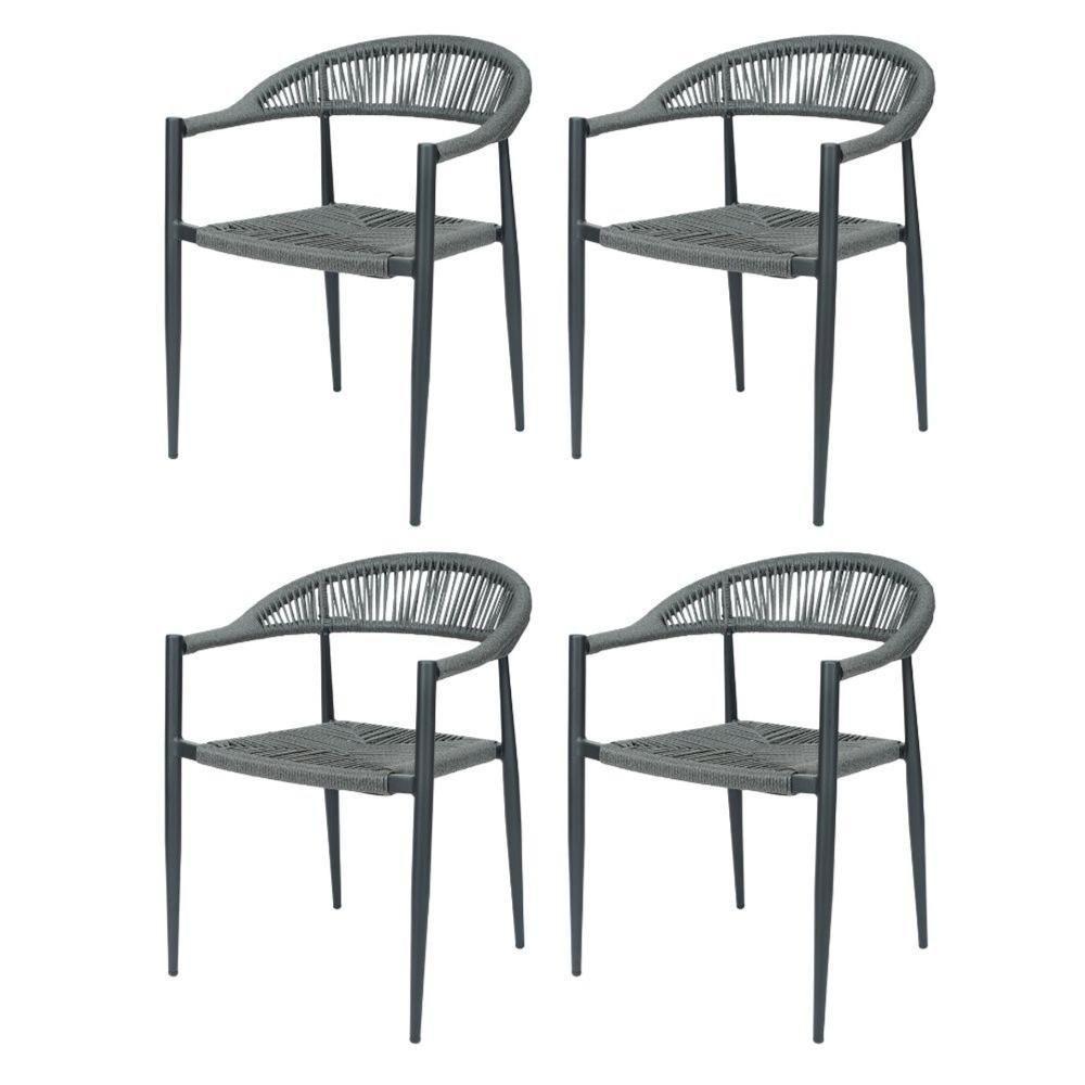 Kit 4 Cadeiras Empilhável Laguna Trancoso Fratini Aluminio Preto Assento Trama Corda Náutica Preto - 1